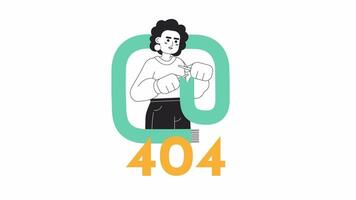 scarf stickning bw fel 404 animation. höst hobby, virka fel meddelande gif, rörelse grafisk. vinter- scarf kvinna afro hår vuxen animerad karaktär översikt 4k video isolerat på vit bakgrund