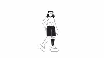Full bodied woman with prosthetic leg bw 2D character animation. Outline cartoon 4K video, alpha channel. Hispanic female posing with artificial leg animated person isolated on white background video