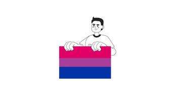 Caucasian young man holding bisexual flag bw 2D character animation. LGBT march outline cartoon 4K video, alpha channel. Prideful guy activist queer animated person isolated on white background video