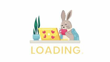Cute rabbit drinking tea at laptop 2D loading animation. Fluffy bunny holding cup animated cartoon character 4K video loader motion graphic. Anime kawaii animal. Cozy download, upload progress gif