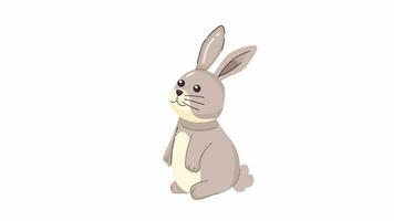 Sweet adorable rabbit blinking, looking up 2D character animation. Pet standing on hind legs flat cartoon 4K video, transparent alpha channel. Cute kawaii herbivore animated animal on white background video