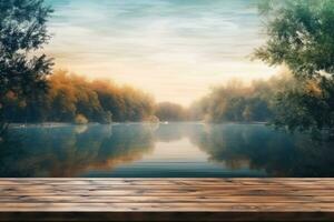 Lake natural background with empty rustic table photo