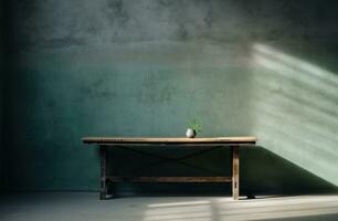 Rustic wooden table with a blue wall photo