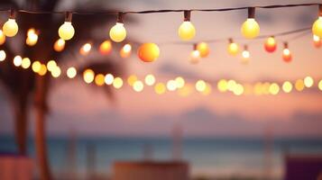 Lights garland on summer beach cafe. Illustration AI Generative photo