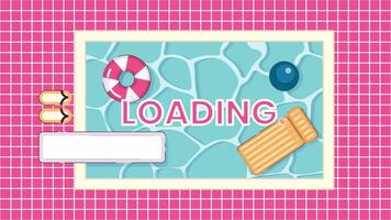 Inflatable swimming pool above 2D loading animation. Summertime poolside animated cartoon scene overhead view 4K video loader motion graphic. Summertime fun top view download, upload progress gif