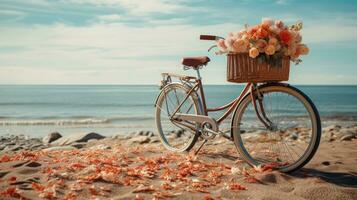 bicicleta con flores a el playa foto