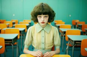 Girl sitting at a desk in a classroom, photo