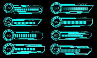 Set of HUD modern loading progress bars user interface elements design technology cyber blue on black futuristic vector