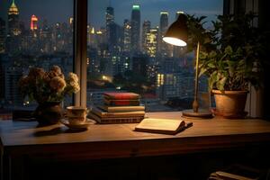 Window seat with books and a view of the city photo
