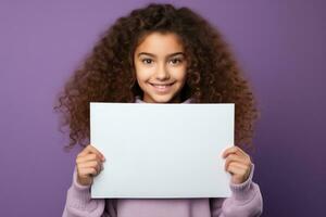 Girl with blank paper on vivid background photo