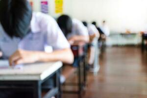 Blurred image of classroom during final test of secondary school in rural area of Thailand, concept for educational events background around the world. photo