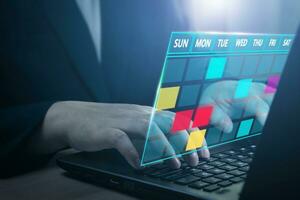 Online calendar platform. Concept of scheduling and planning weekly, appointments, events, tasks, and meetings. photo