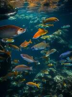 a group of fish swimming in the ocean ai generated photo