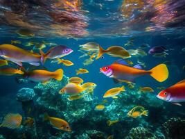 a group of fish swimming in the ocean ai generated photo