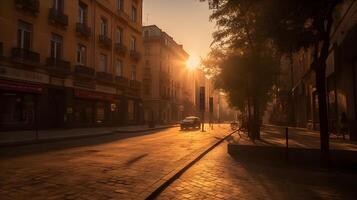 City Street at Evening Dusk with Residential Buildings and Nightfall Sky. AI Generated photo