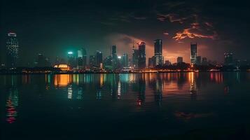 ciudad horizonte durante noche hora con reflexión en el agua. ocupado noche vida. ai generado foto