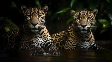 dos feroz carnívoro leopardo nadando y mirar fijamente a alguna cosa con naturaleza antecedentes. ai generado foto