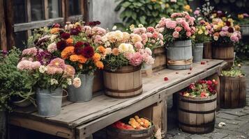 Various beautiful colorful flower bouquet in a wooden bucket at the table after harvest moment. photo