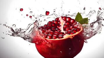 Sliced of red pomegranate or Punica granatum fruit with water splashing white background. AI Generated photo