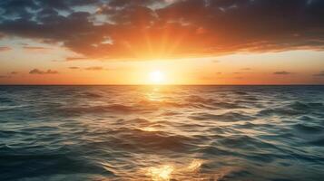 vibrante naranja puesta de sol paisaje de el mar nublado cielo dorado hora noche, hermosa mar horizonte naturaleza antecedentes. ai generado foto