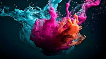 Abstract orange purple blue paint drop color explosion under the water make artistic motion with dark background. AI Generated photo