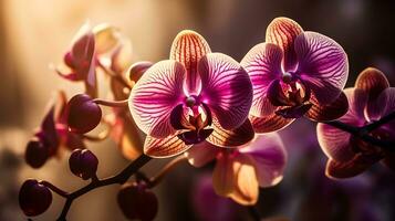 Close up shot of purple Moth orchid flowers on blurry nature background. AI Generated photo