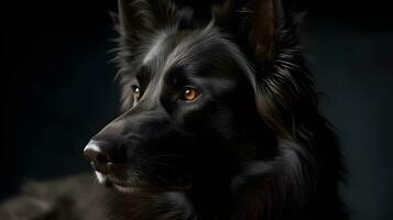 Close up face of black bohemian shepherd dog looking at something in his side very intense, dark background. AI Generated photo