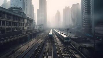 Cityscape with skyscrapers, office buildings, rail tracks, and fog in the urban area. AI Generated photo