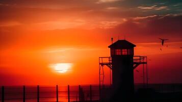 Silhouette light house at the bay beautiful evening sunset golden hour sea scape. AI Generated photo