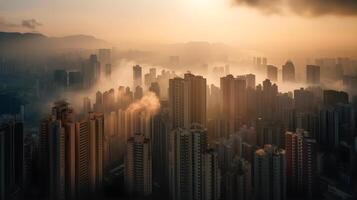 misterioso urbano horizonte a amanecer, con niebla, rascacielos, y panorámico paisaje urbano ai generado foto