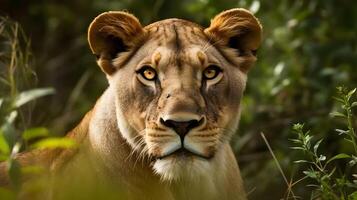 cerca arriba retrato feroz carnívoro hembra león, mirar fijamente o mirando a el cámara a el verde antecedentes. foto