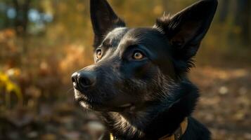 Portrait of black Australian Kelpie dog looking up and stare, nature blur background. AI Generated photo