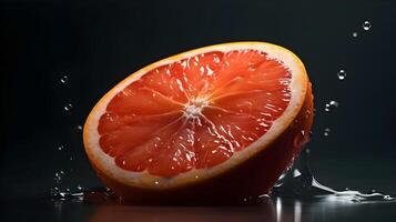 Slice of yellow grapefruit red in the inside falling in the water surface explosion and splash. photo