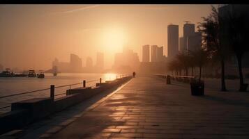 Captivating urban skyline at dawn with skyscrapers, office buildings, and serene morning sky at the sea side bay area. AI Generated photo