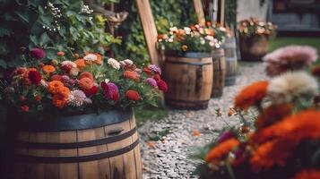 Beautiful various colorful flower bouquet at wooden barrel as the decoration prepare for wedding event. photo