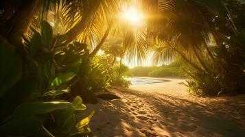 Morning light reveals a tranquil tropical landscape with lush foliage, calm water, and peaceful atmosphere and a pathway to the hidden beach. AI Generated photo