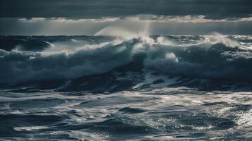 A big wave at the open sea in the afternoon, dark sky, rain and storm is about to come. AI Generated photo