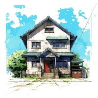 casa anime estilo, casa urbano blanco antecedentes alto calidad ai imagen generado foto
