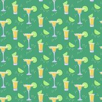 Flat minimalistic tequila cocktails pattern. Two types of tequila cocktails with lime and salt. Cut out elements on green background. Ideal for decoration, textile, wrapping, background, home decor vector