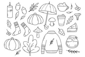 Autumn set of elements. Vector illustration. Doodle style. Linear autumn collection.