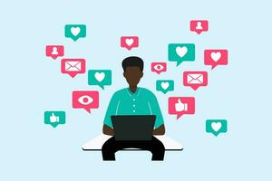 Black man with laptop and browsing nets to chat, get likes and hearts. Online social network, internet laptop. Vector illustration