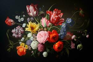 Beautiful spring bouquet of flowers on a black background, close-up, A painting of a bouquet of flowers, created in the style of Realism, AI Generated photo