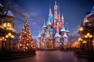 Navidad y nuevo año Días festivos en Moscú, Rusia. rojo cuadrado en Moscú, un mágico escena de un decorado árbol lleno con caramelo y galletas altísimo graciosamente encima un festivo castillo, ai generado foto