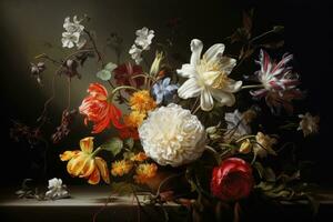 Still life with a bouquet of flowers on a dark background. A painting of a bouquet of flowers, created in the style of Realism, AI Generated photo