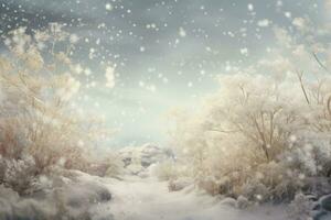 Winter landscape with snowy trees and snowflakes. 3d render, A mesmerizing scene of snowflakes drifting in the wind, with soft colors and a dreamy atmosphere, AI Generated photo