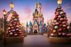 Beautiful view of Magic Kingdom at Christmas time. A magical scene of a decorated tree filled with candy and cookies soaring gracefully above a festive castle, AI Generated photo