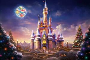 Magic kingdom of fairytales. Fairy tale castle in fantasy kingdom. Fairytale landscape. A magical scene of a decorated tree filled with candy and cookies soaring gracefully castle, AI Generated photo