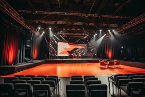 concierto salón con rojo cortinas y etapa luces. 3d representación, un moderno formación salón con sillas frente a un gigante etapa con uno grande pantalla mostrando, ai generado foto