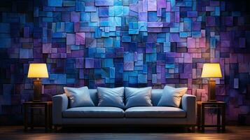 interior de moderno vivo habitación en lila Violeta morados tono. moderno diseñador mueble en morados. creado con generativo ai foto