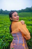 an Asian woman in an orange dress and blue skirt standing among the green tea leaves photo